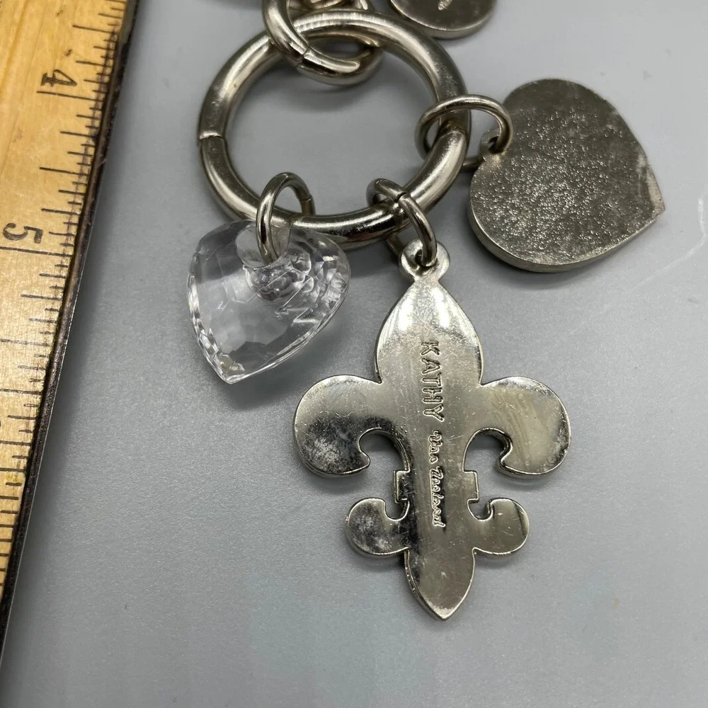Kathy Van Zeeland Fleur De Lis Rhinestone Heart Bag Charm Keychain Silver Green